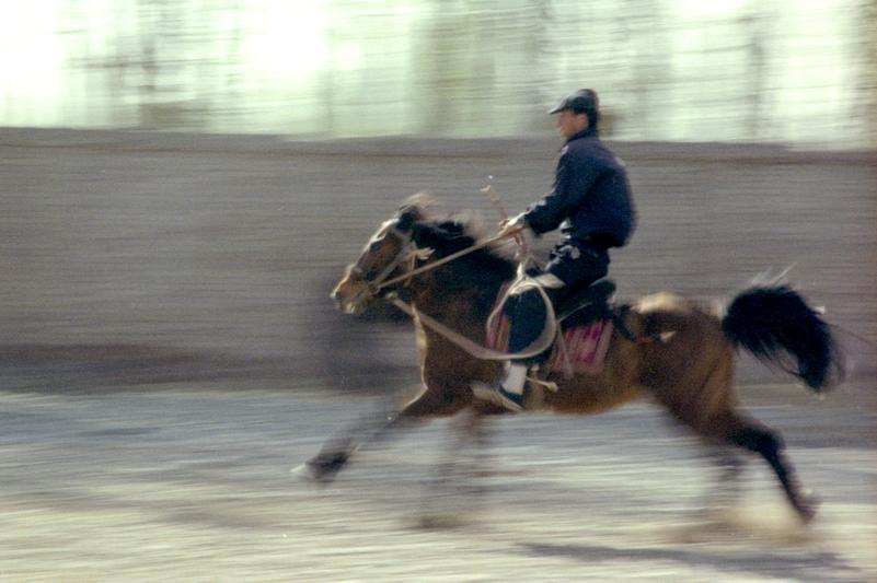 Un homme essaie un cheval au marché aux animaux de Kashgar.